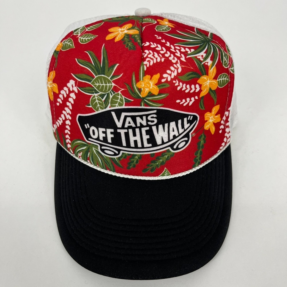 Vans Off The Wall Trucker Hat Red Floral Hibiscus Snapback Cap Black White